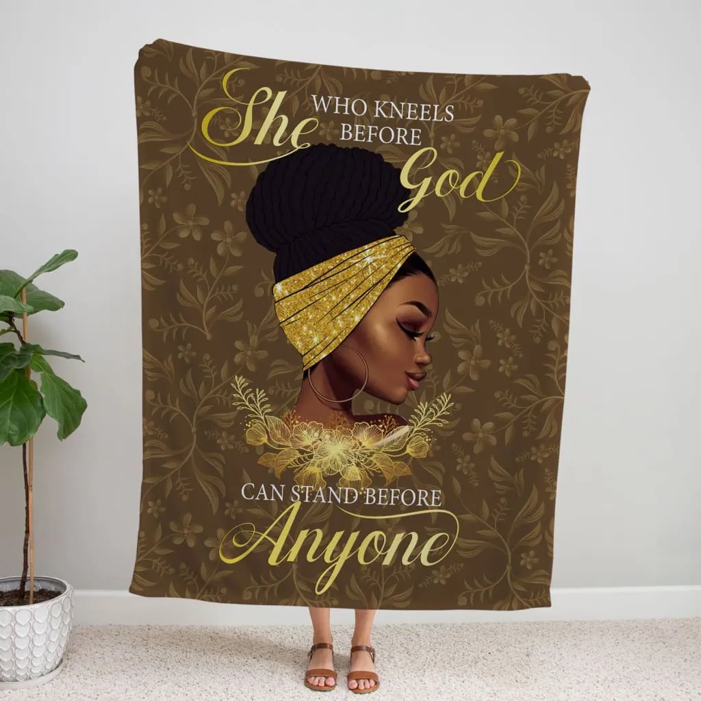 Black Women She Who Kneels Before God Fleece Blanket - Christian Blanket - Bible Verse Blanket