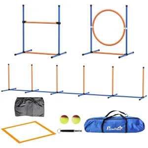 Five-Piece Dog Agility Equipment Set with Weave Poles, Jump Ring, Hurdle, Pause Box, Training Shorts, Bag, Orange