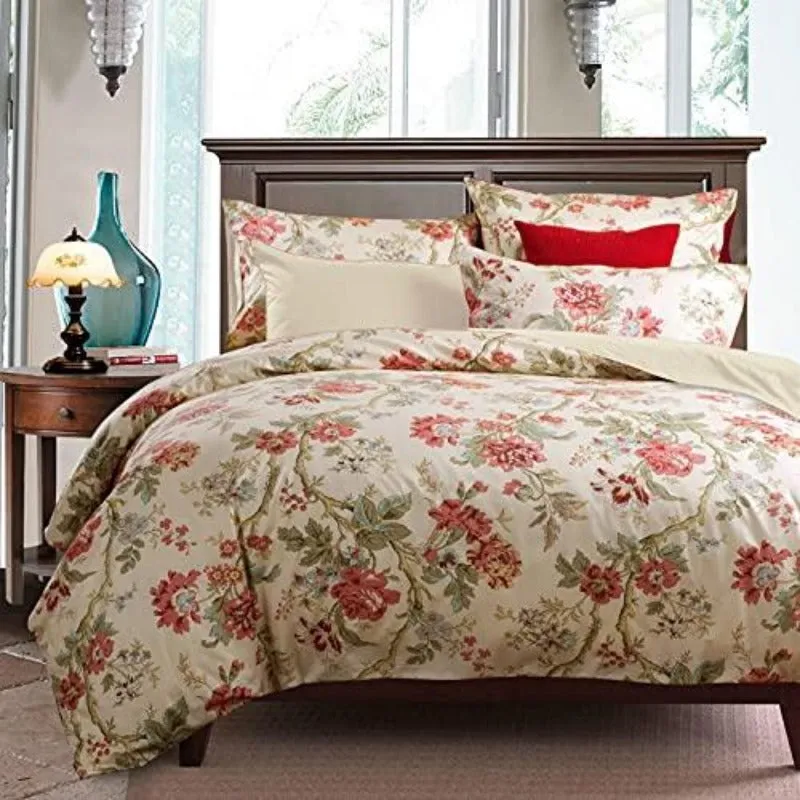 Garden Style 3 Pieces Red Flower Leaf Pattern Duvet Cover Set Cotton Reversible Comforter Cover Set Easy Care, Soft, Durable