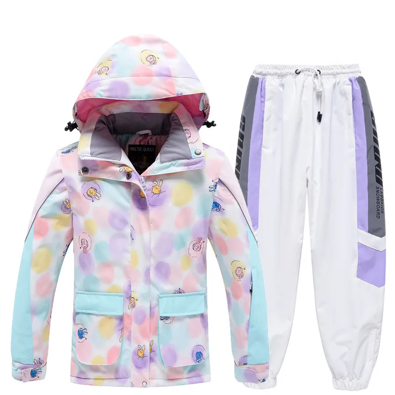 Girls Arctic Queen Cartoon Pattern Reflective Strip Ski Suits