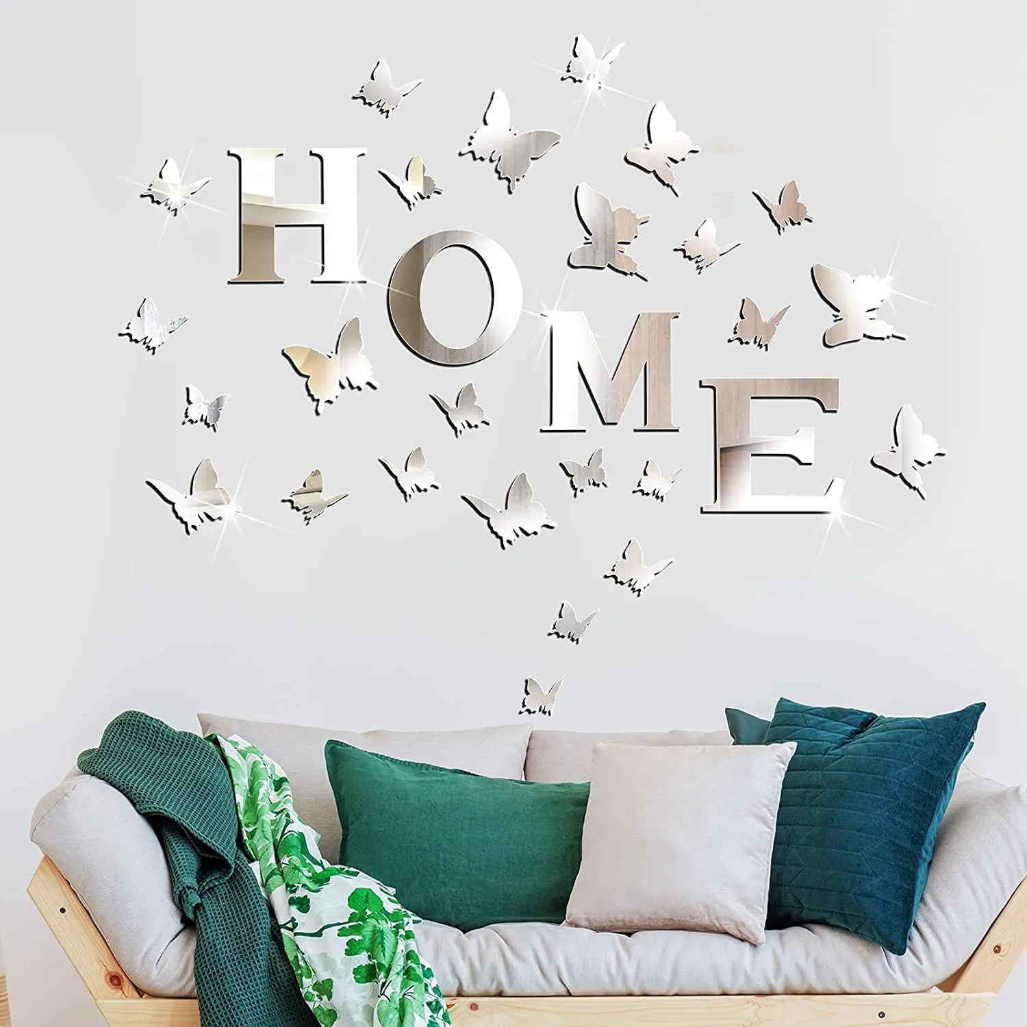 Incrizma 3D Family Home Sign Letters Living Room Decor Family Rustic Farmhouse Wall Decor Acrylic Mirror Decorative Butterfly Mirror Wall Sticker Decals for Living Room Bedroom Kitchen (Silver)