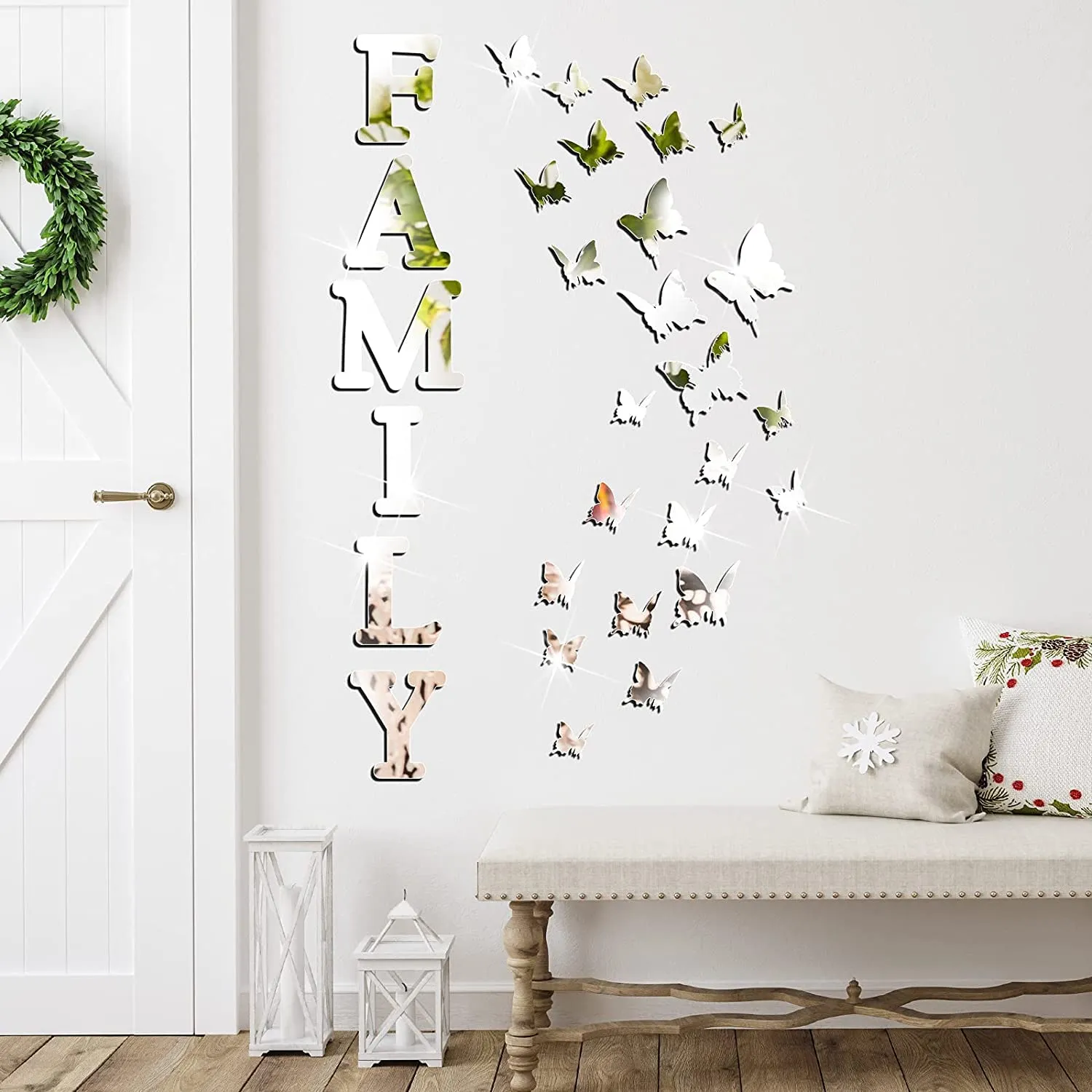 Incrizma 3D Family Home Sign Letters Living Room Decor Family Rustic Farmhouse Wall Decor Acrylic Mirror Decorative Butterfly Mirror Wall Sticker Decals for Living Room Bedroom Kitchen (Silver)