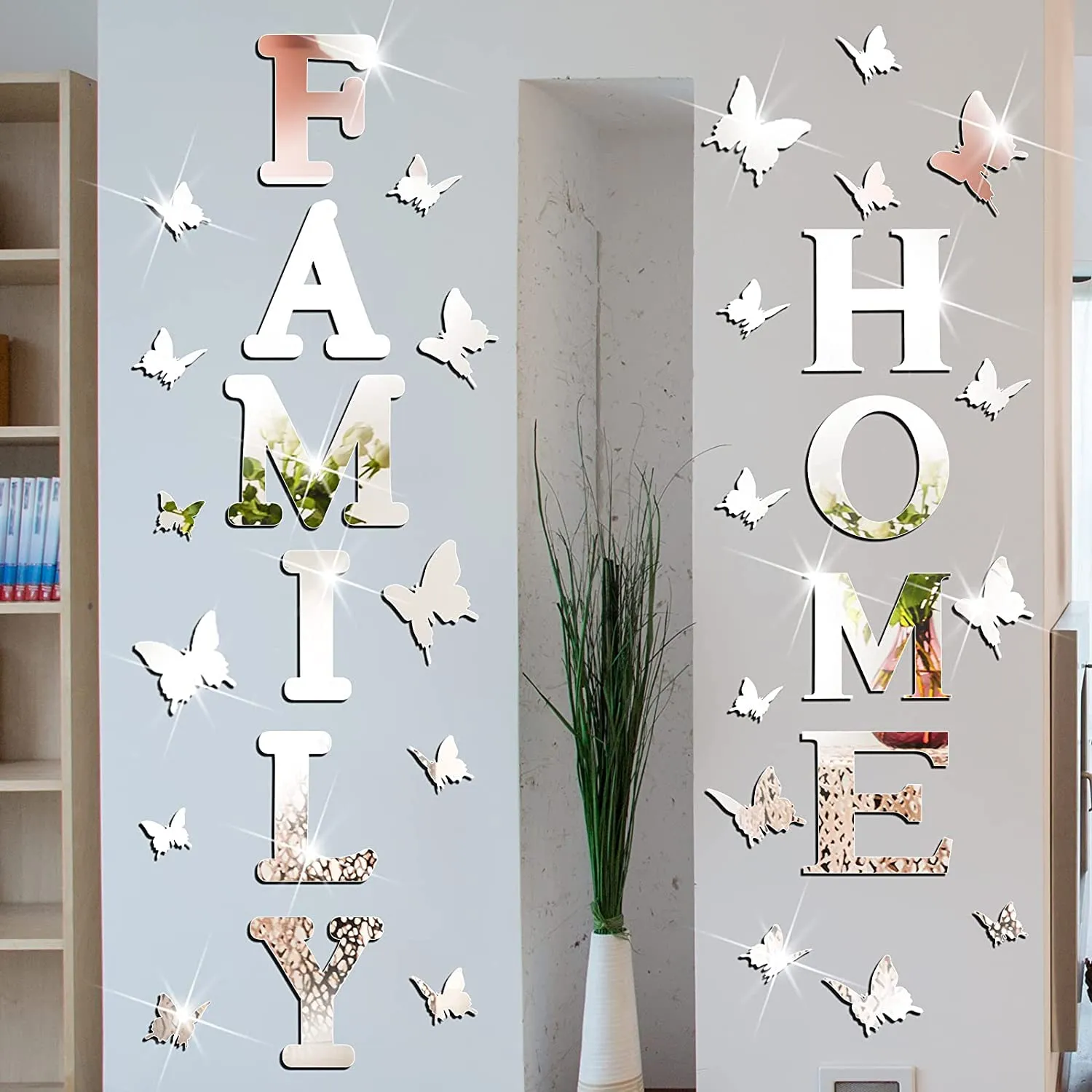 Incrizma 3D Family Home Sign Letters Living Room Decor Family Rustic Farmhouse Wall Decor Acrylic Mirror Decorative Butterfly Mirror Wall Sticker Decals for Living Room Bedroom Kitchen (Silver)