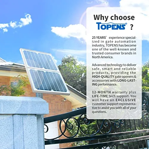 TOPENS TSQ20W Solar Panel 20-Watt 24V Monocrystalline Solar Panel Kit, for Gate Opener, Boat, Yacht, RV, Caravan, Golf Car, Street Lamp, Garden Light and Farm Equipment