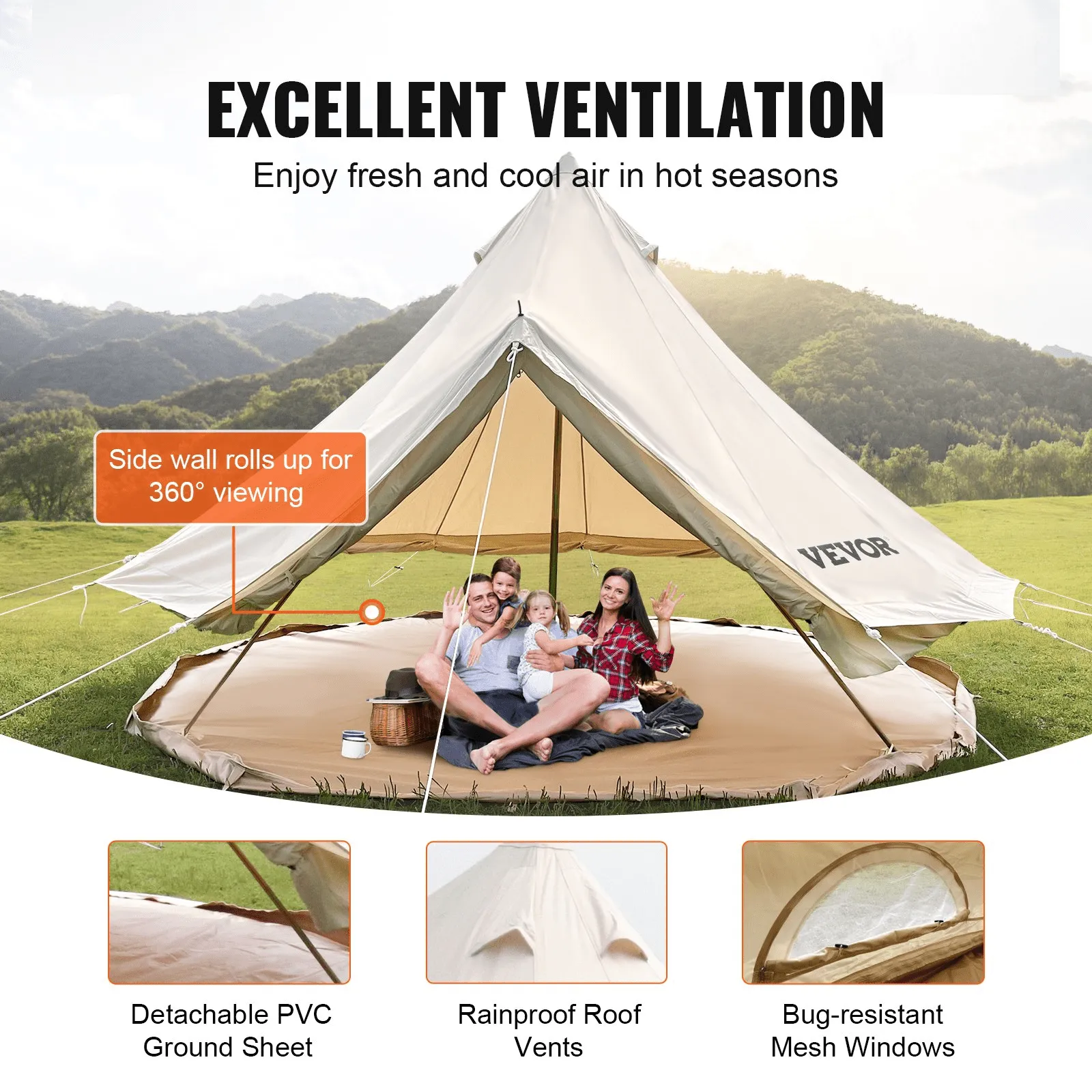 Vevor Bell Tent 19 ft/6m Yurt Cotton Canvas Waterproof With Stove Jack For 10-12 People 4 Seasons