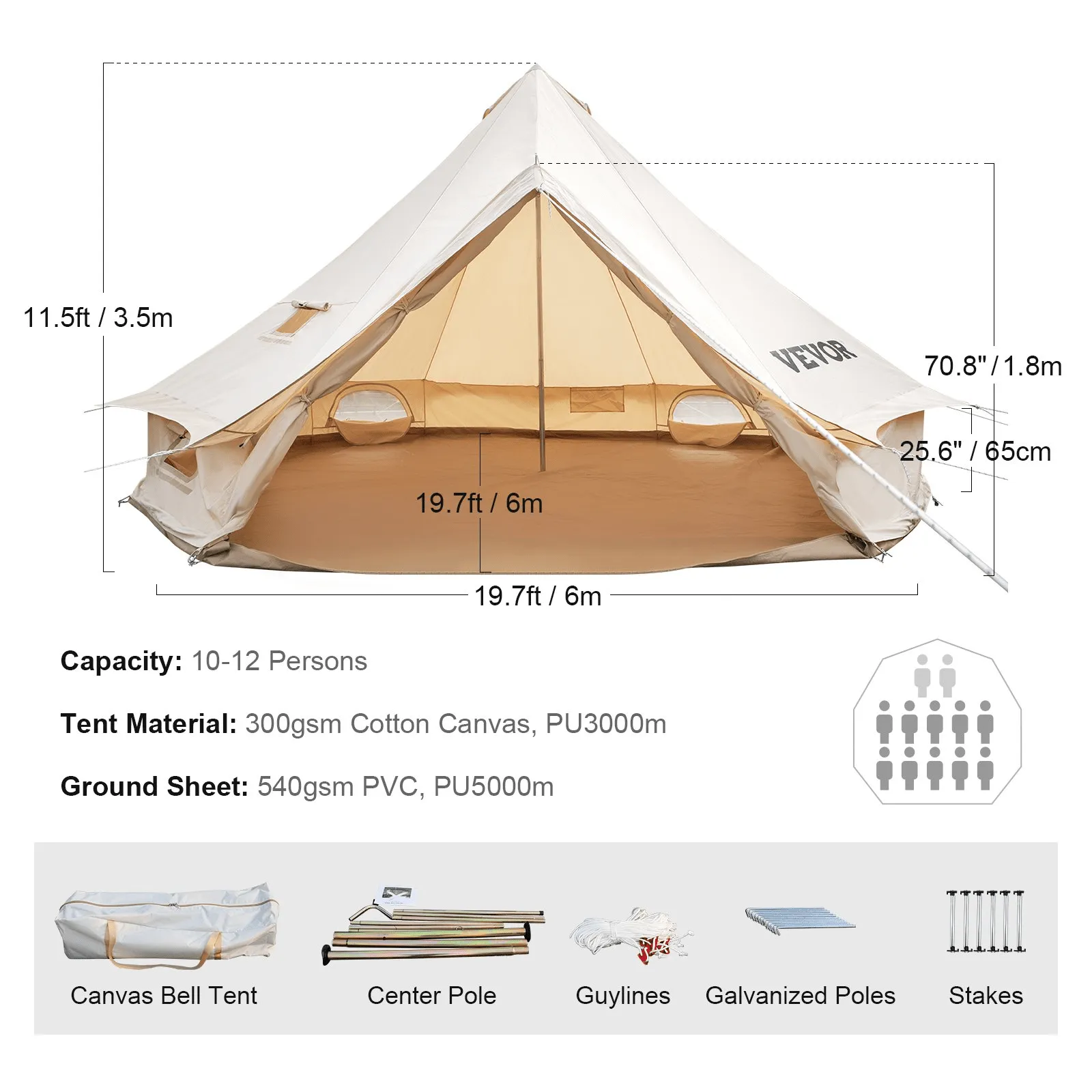 Vevor Bell Tent 19 ft/6m Yurt Cotton Canvas Waterproof With Stove Jack For 10-12 People 4 Seasons