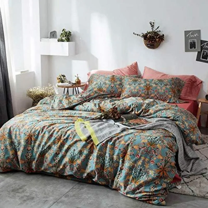 Vintage Style Garden Flower Duvet Cover Set with Zipper Closure Soft Cotton Yellow Flower Pattern on Blue Bedding Quilt Cover Set