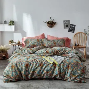 Vintage Style Garden Flower Duvet Cover Set with Zipper Closure Soft Cotton Yellow Flower Pattern on Blue Bedding Quilt Cover Set