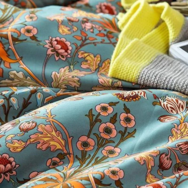 Vintage Style Garden Flower Duvet Cover Set with Zipper Closure Soft Cotton Yellow Flower Pattern on Blue Bedding Quilt Cover Set