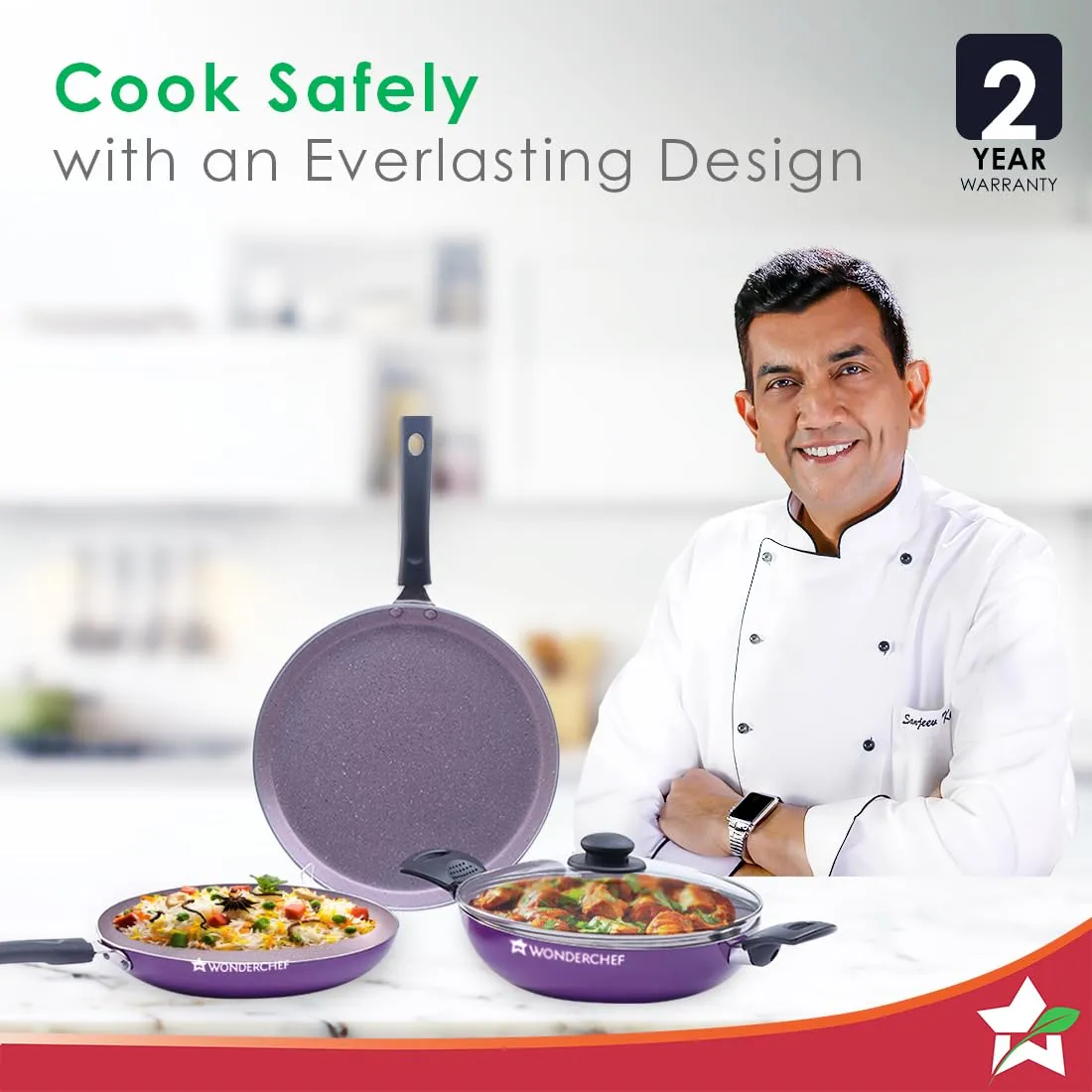 Wonderchef Valencia Non-Stick Cookware 4 Piece Set | Kadhai with Lid 24 cm, Fry Pan 24 cm, Dosa Tawa 28 cm | Pure Grade Aluminium| PFOA Free| 2 Years Warranty | Purple